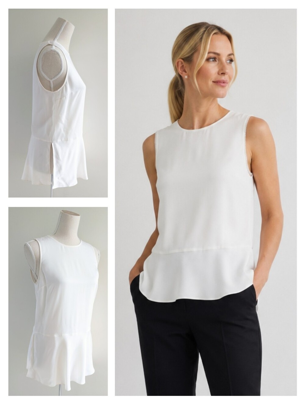 Like New Theory Silk White Sleeveless Peplum Sleeveless Blouse Top